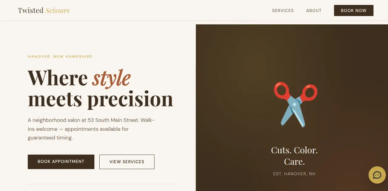 Hair salon website example with online scheduling