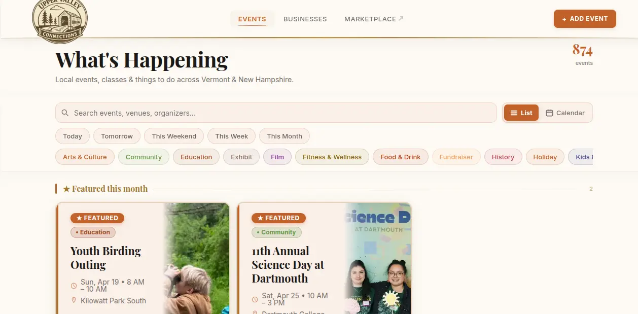 Upper Valley Connections — local events and business directory website